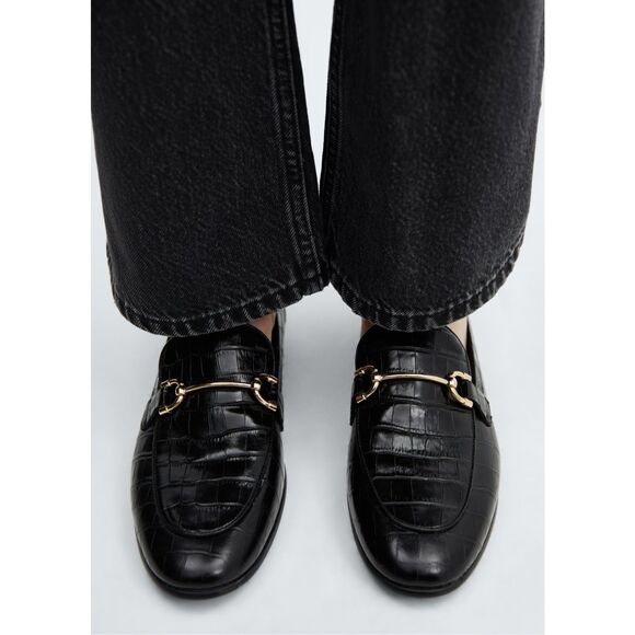 Mango Shoes - MANGO MNG Croc Embossed Leather Horsebit Loafers Black Women’s 39 / 8.5 NEW